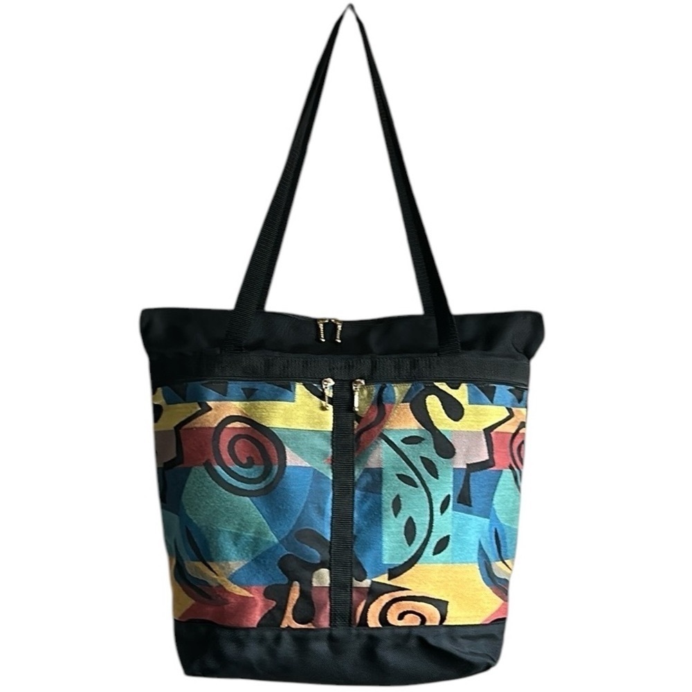 GreatBags Extra Large Black Nylon and Fabric Geometric Print Tote Bag